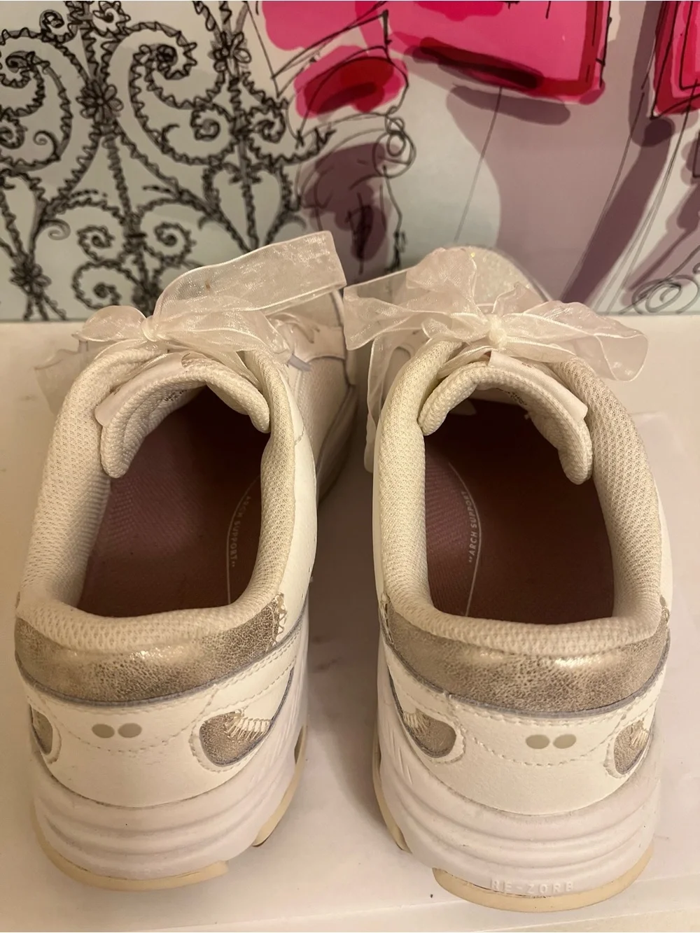 Ryka Women's White Mesh & Leather Sneakers with Champagne Gold Accents - 9.5W
